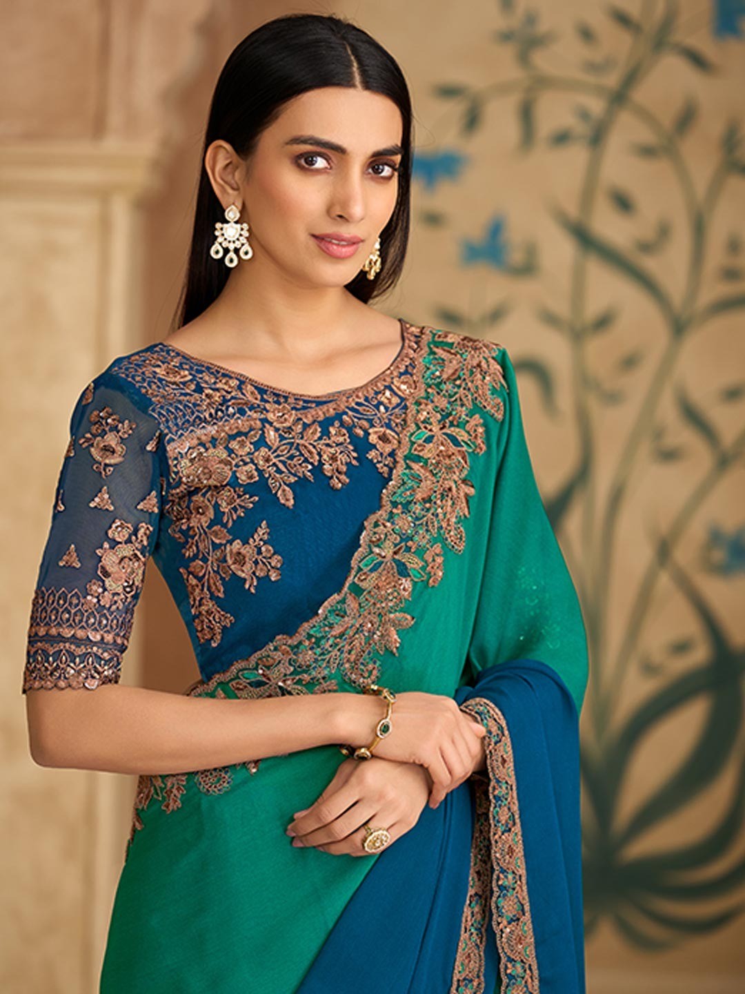 Party Perfect Morpich Green Chiffon Saree with Shimmering Sequin and Thread Embroidery - Image 4