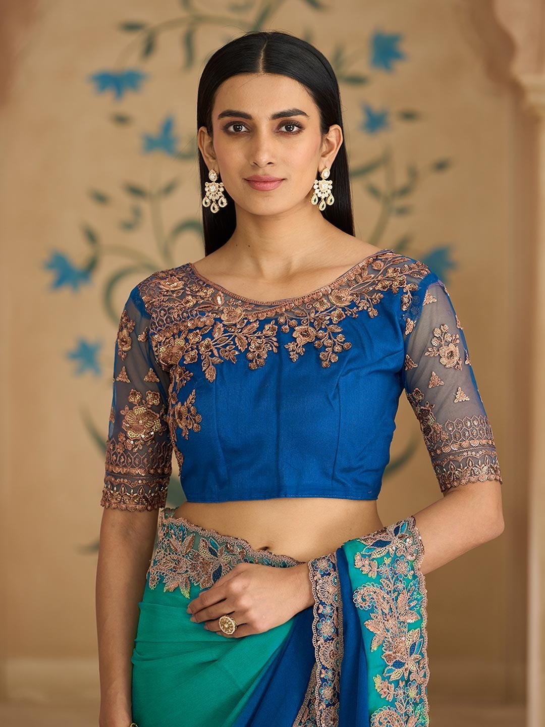 Party Perfect Morpich Green Chiffon Saree with Shimmering Sequin and Thread Embroidery - Image 3