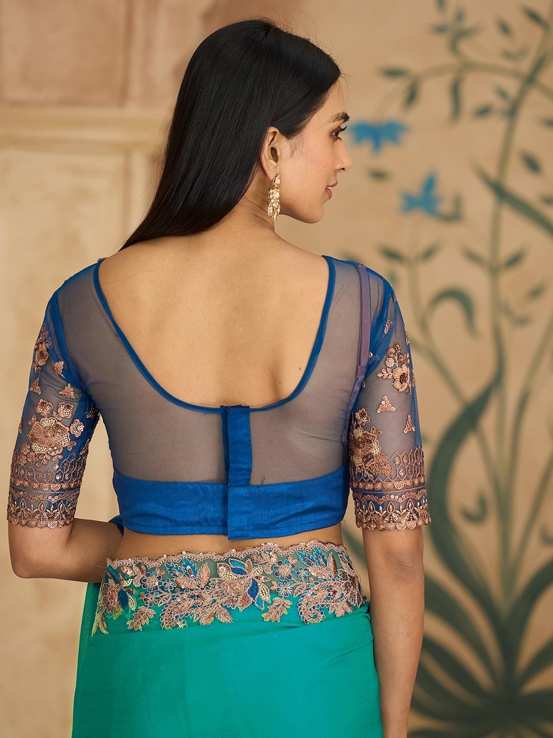 Party Perfect Morpich Green Chiffon Saree with Shimmering Sequin and Thread Embroidery - Image 2