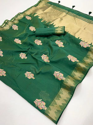 Refreshing Green Cotton Blend Saree Highlighted By Intricate Floral Embroidery & Zari Weaving - Image 2