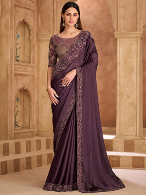 Party Perfect Burgundy Chiffon Saree with Shimmering Sequin and Thread Embroidery - Image 1