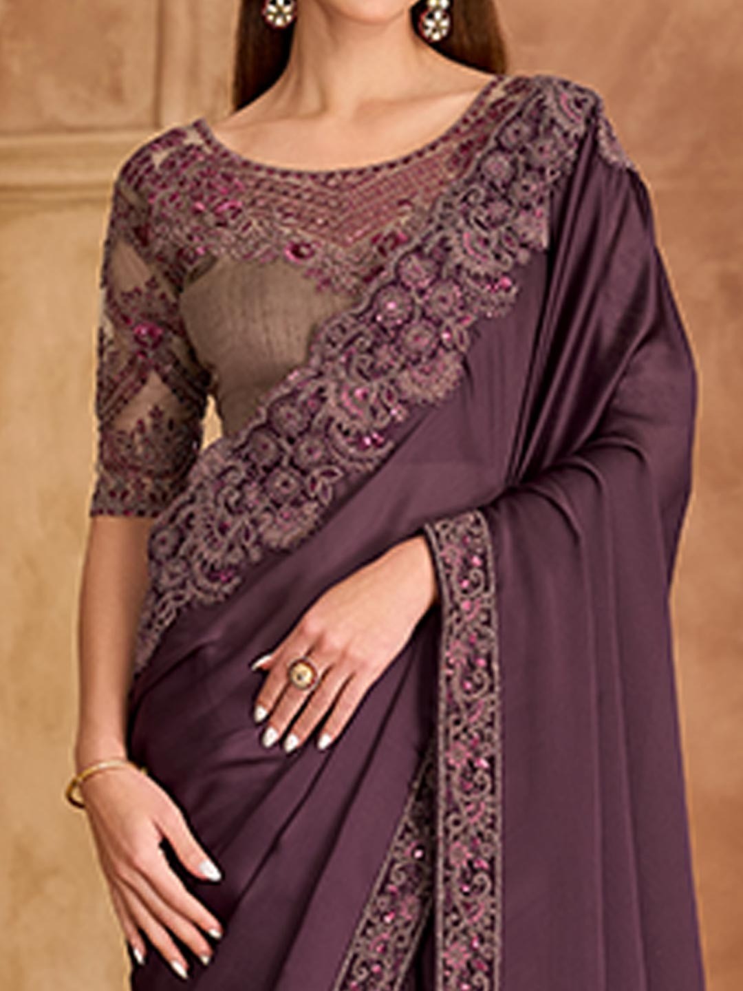 Party Perfect Burgundy Chiffon Saree with Shimmering Sequin and Thread Embroidery - Image 5