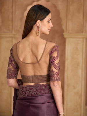 Party Perfect Burgundy Chiffon Saree with Shimmering Sequin and Thread Embroidery - Image 2