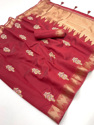 Refreshing Red Cotton Blend Saree Highlighted By Intricate Floral Embroidery & Zari Weaving - Image 2