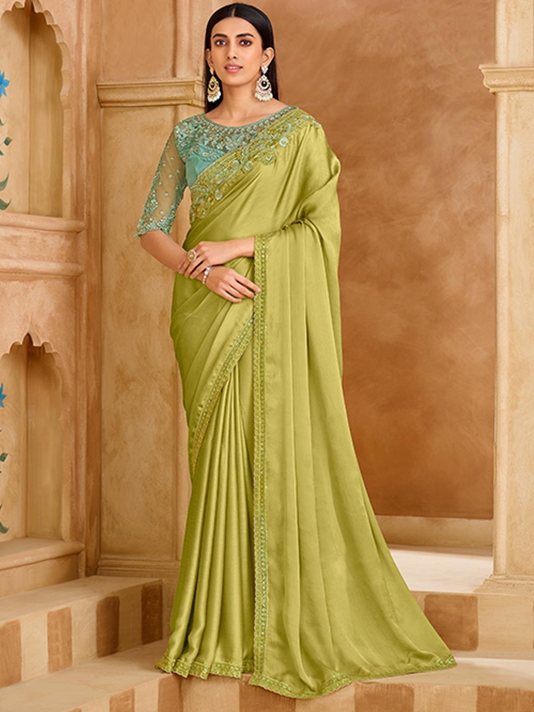 Party Perfect Pista Green Chiffon Saree with Shimmering Sequin and Thread Embroidery - Image 1