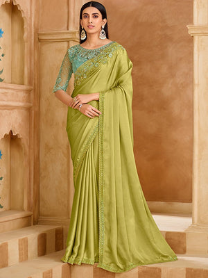 Party Perfect Pista Green Chiffon Saree with Shimmering Sequin and Thread Embroidery - Image 1