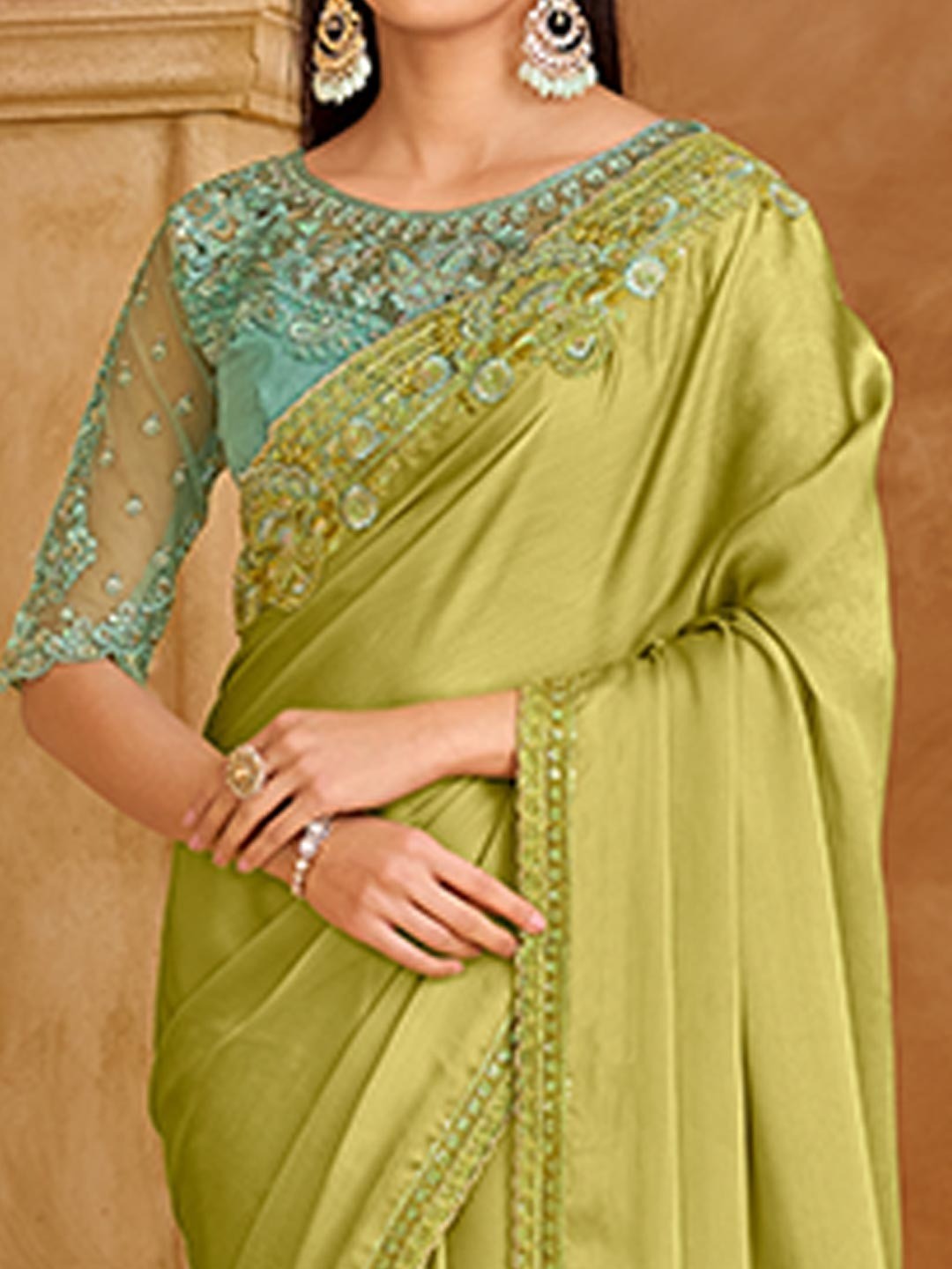 Party Perfect Pista Green Chiffon Saree with Shimmering Sequin and Thread Embroidery - Image 5