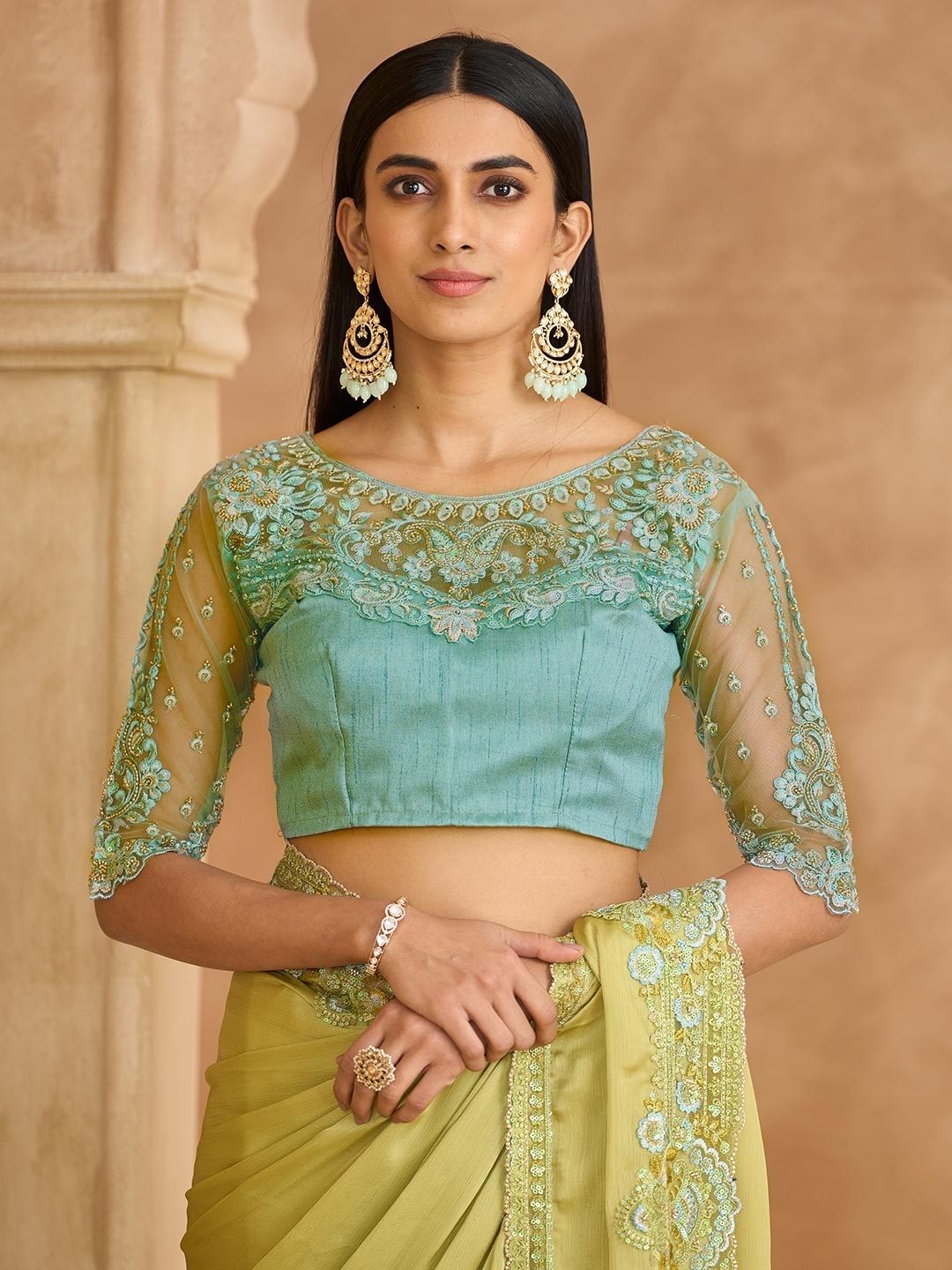 Party Perfect Pista Green Chiffon Saree with Shimmering Sequin and Thread Embroidery - Image 4