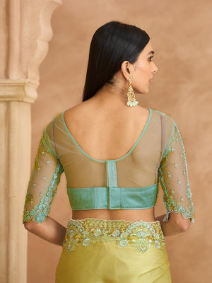 Party Perfect Pista Green Chiffon Saree with Shimmering Sequin and Thread Embroidery - Image 2