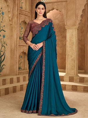 Party Perfect Teal Chiffon Saree with Shimmering Sequin and Thread Embroidery - Image 1