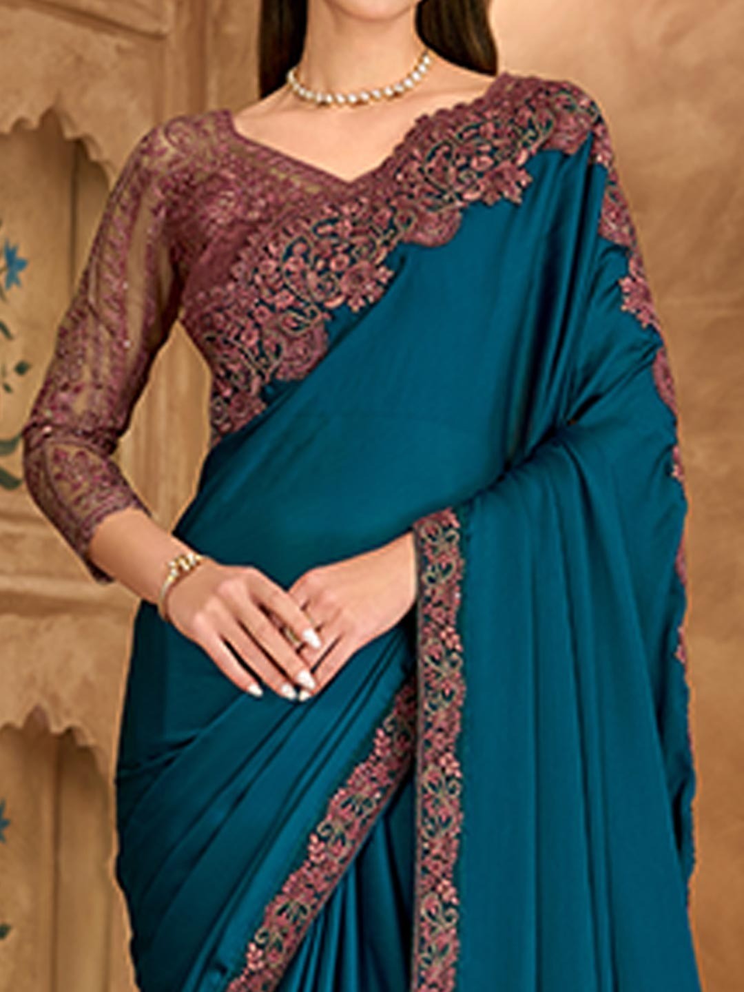 Party Perfect Teal Chiffon Saree with Shimmering Sequin and Thread Embroidery - Image 5
