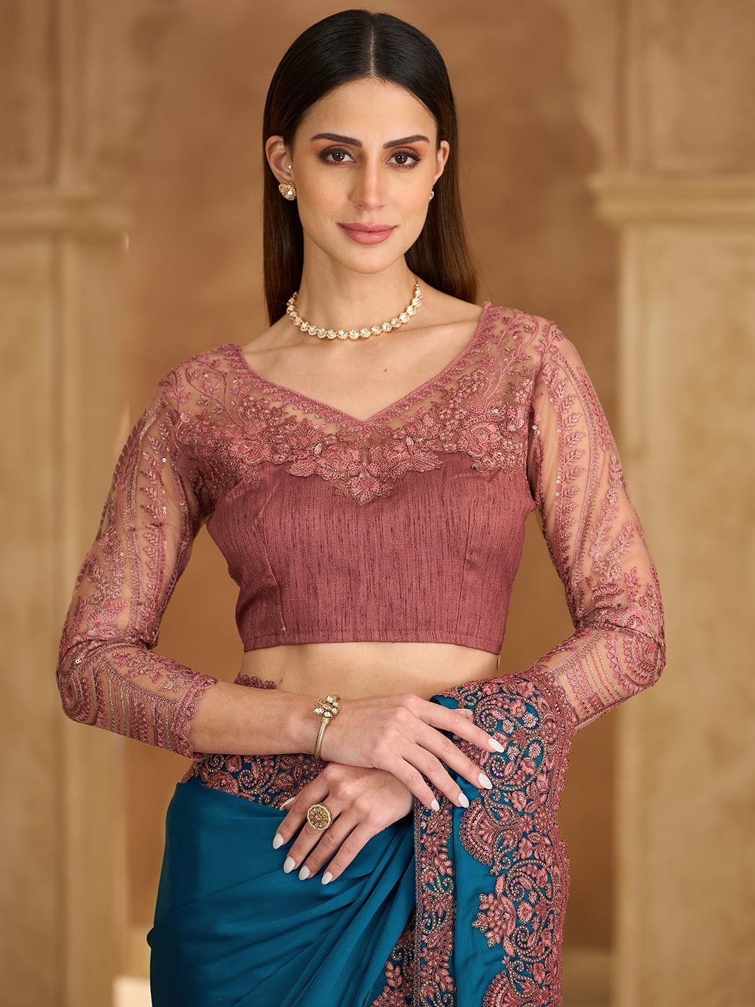 Party Perfect Teal Chiffon Saree with Shimmering Sequin and Thread Embroidery - Image 3