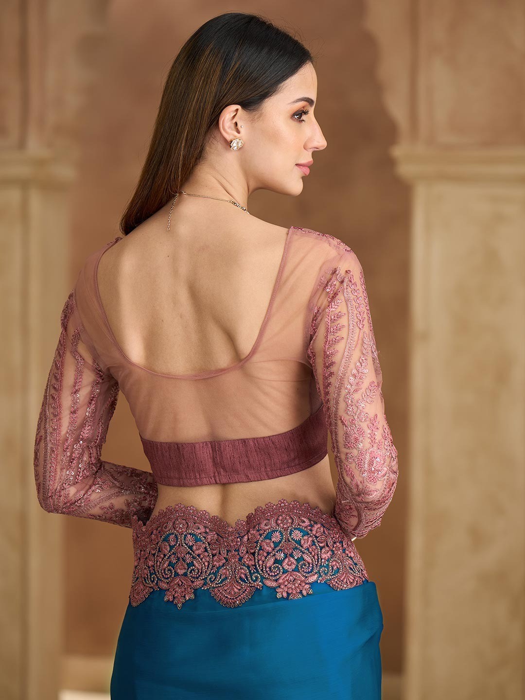 Party Perfect Teal Chiffon Saree with Shimmering Sequin and Thread Embroidery - Image 2