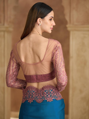 Party Perfect Teal Chiffon Saree with Shimmering Sequin and Thread Embroidery - Image 2