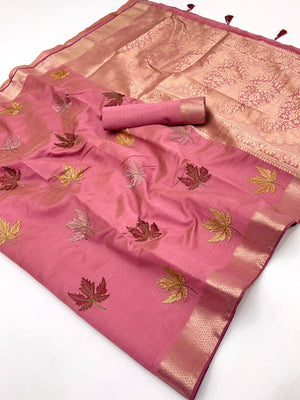 Sophisticated Pink Cotton Blend Saree Enhanced With Leaf Embroidery & Lustrous Zari Weaving - Image 2