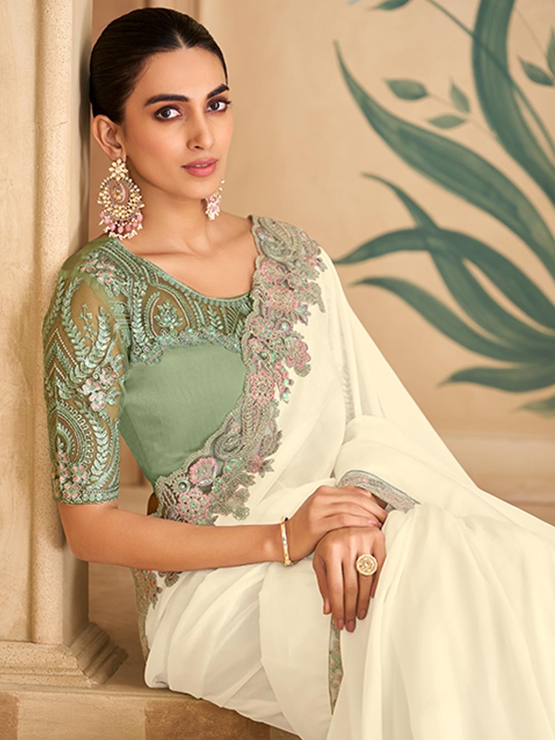 Party Perfect White Chiffon Saree with Shimmering Sequin and Thread Embroidery - Image 4