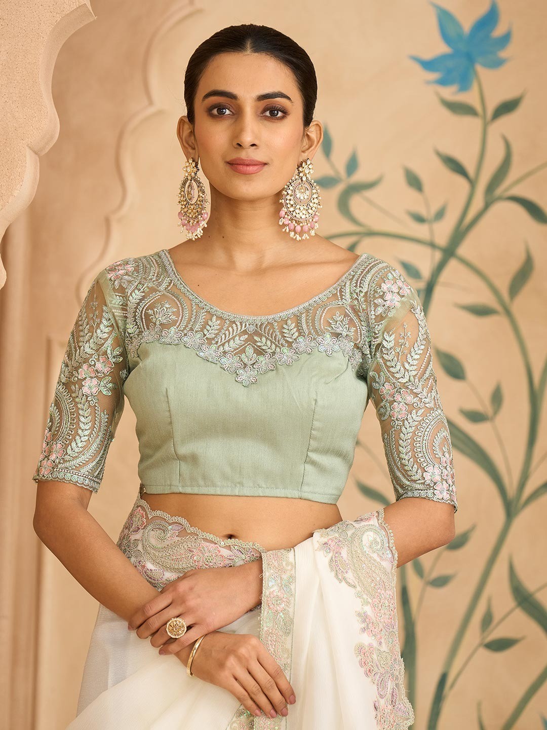 Party Perfect White Chiffon Saree with Shimmering Sequin and Thread Embroidery - Image 4