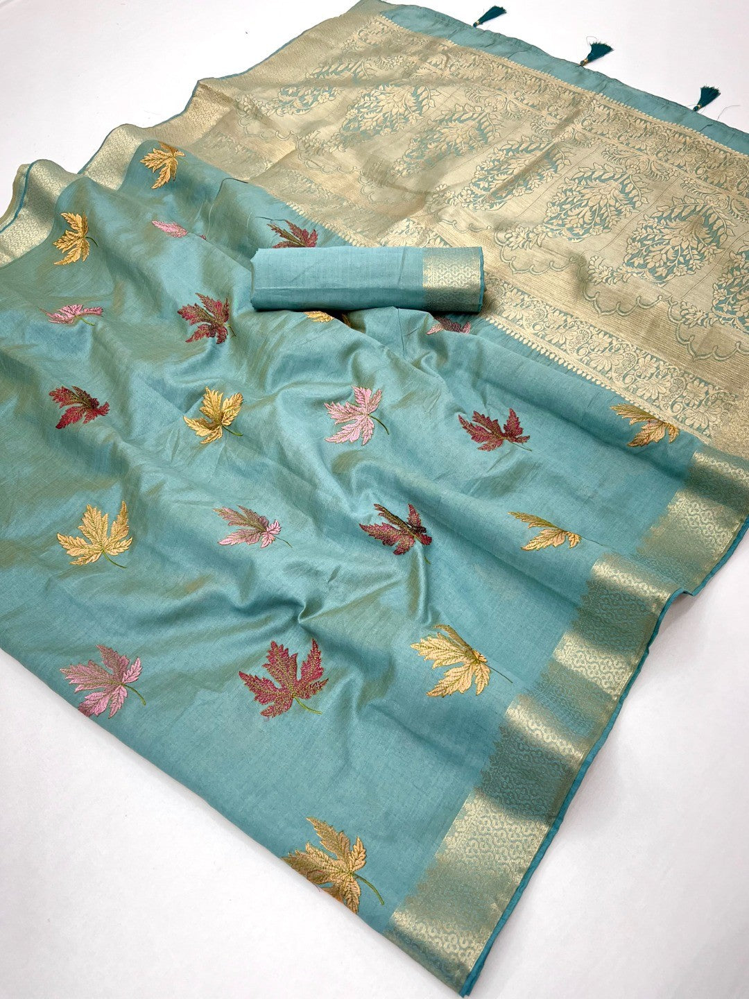 Sophisticated Blue Cotton Blend Saree Enhanced With Leaf Embroidery & Lustrous Zari Weaving - Image 2