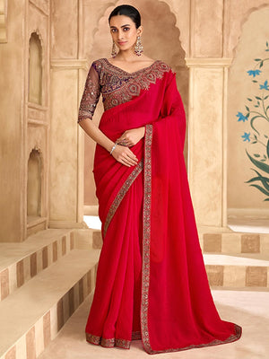 Party Perfect Crimson Red Georgette Saree with Shimmering Sequin and Thread Embroidery - Image 1