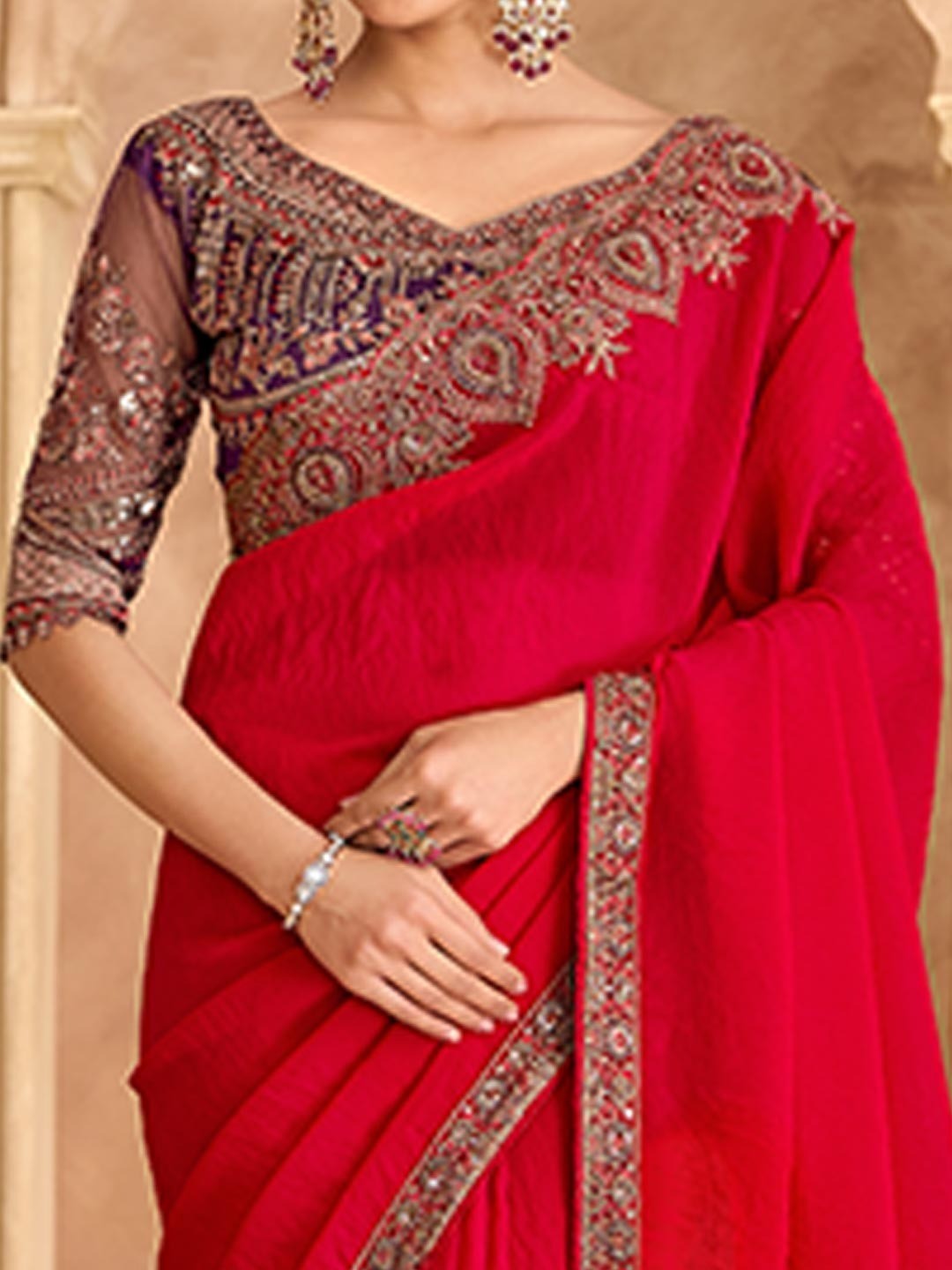 Party Perfect Crimson Red Georgette Saree with Shimmering Sequin and Thread Embroidery - Image 5