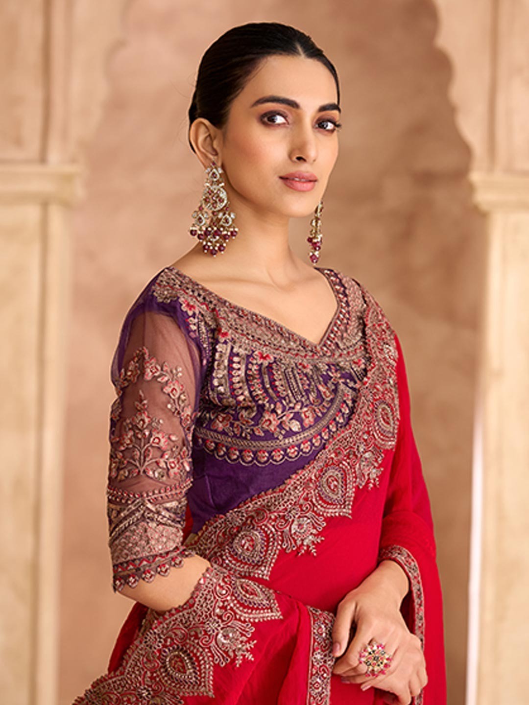 Party Perfect Crimson Red Georgette Saree with Shimmering Sequin and Thread Embroidery - Image 3