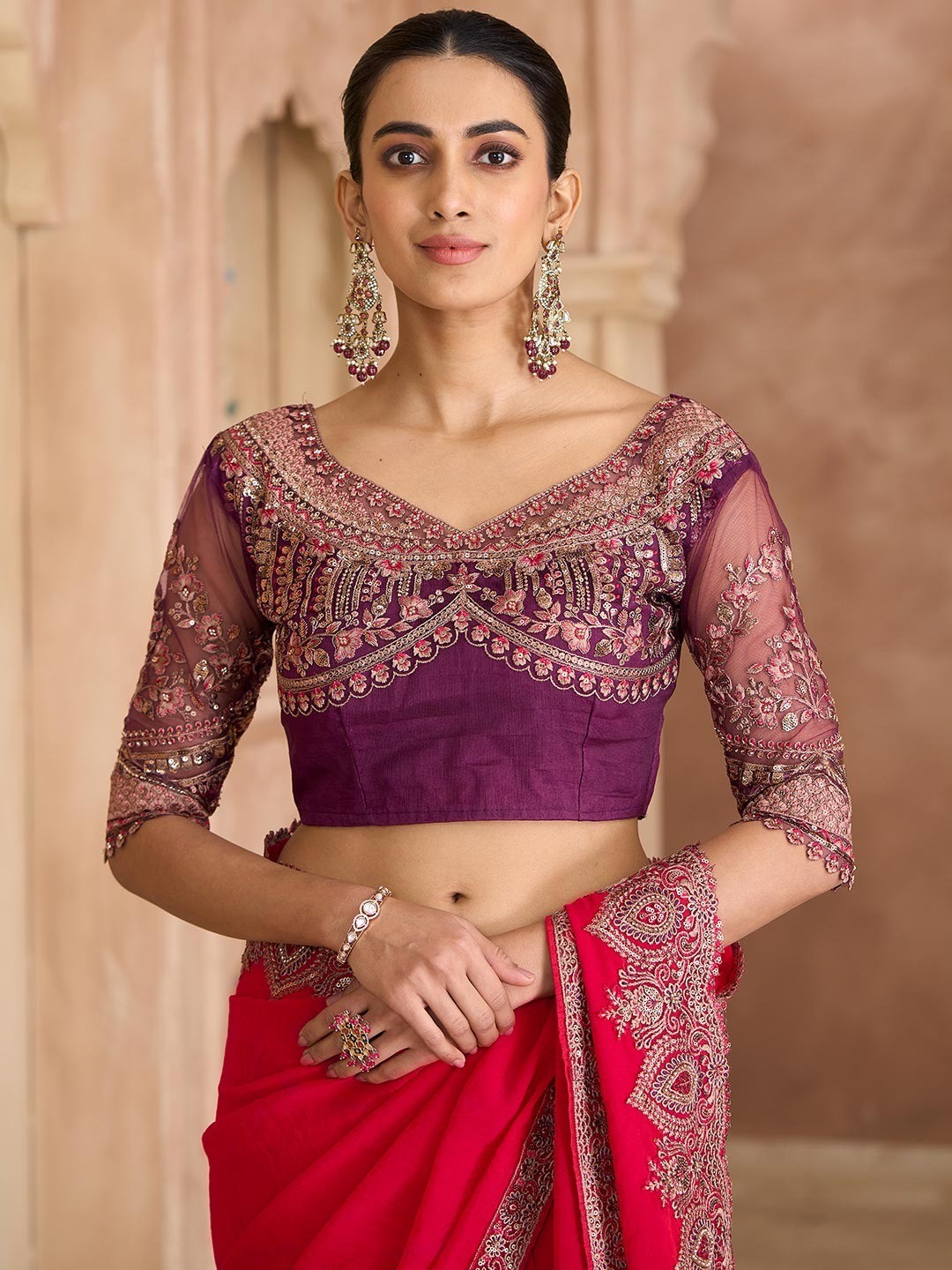 Party Perfect Crimson Red Georgette Saree with Shimmering Sequin and Thread Embroidery - Image 4