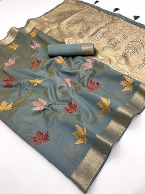 Sophisticated Grey Cotton Blend Saree Enhanced With Leaf Embroidery & Lustrous Zari Weaving - Image 2