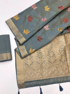 Sophisticated Grey Cotton Blend Saree Enhanced With Leaf Embroidery & Lustrous Zari Weaving - Image 2