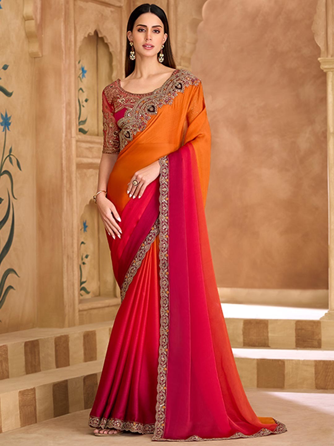 Party Perfect Orange Chiffon Saree with Shimmering Sequin and Thread Embroidery - Image 1