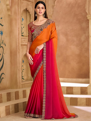 Party Perfect Orange Chiffon Saree with Shimmering Sequin and Thread Embroidery - Image 1