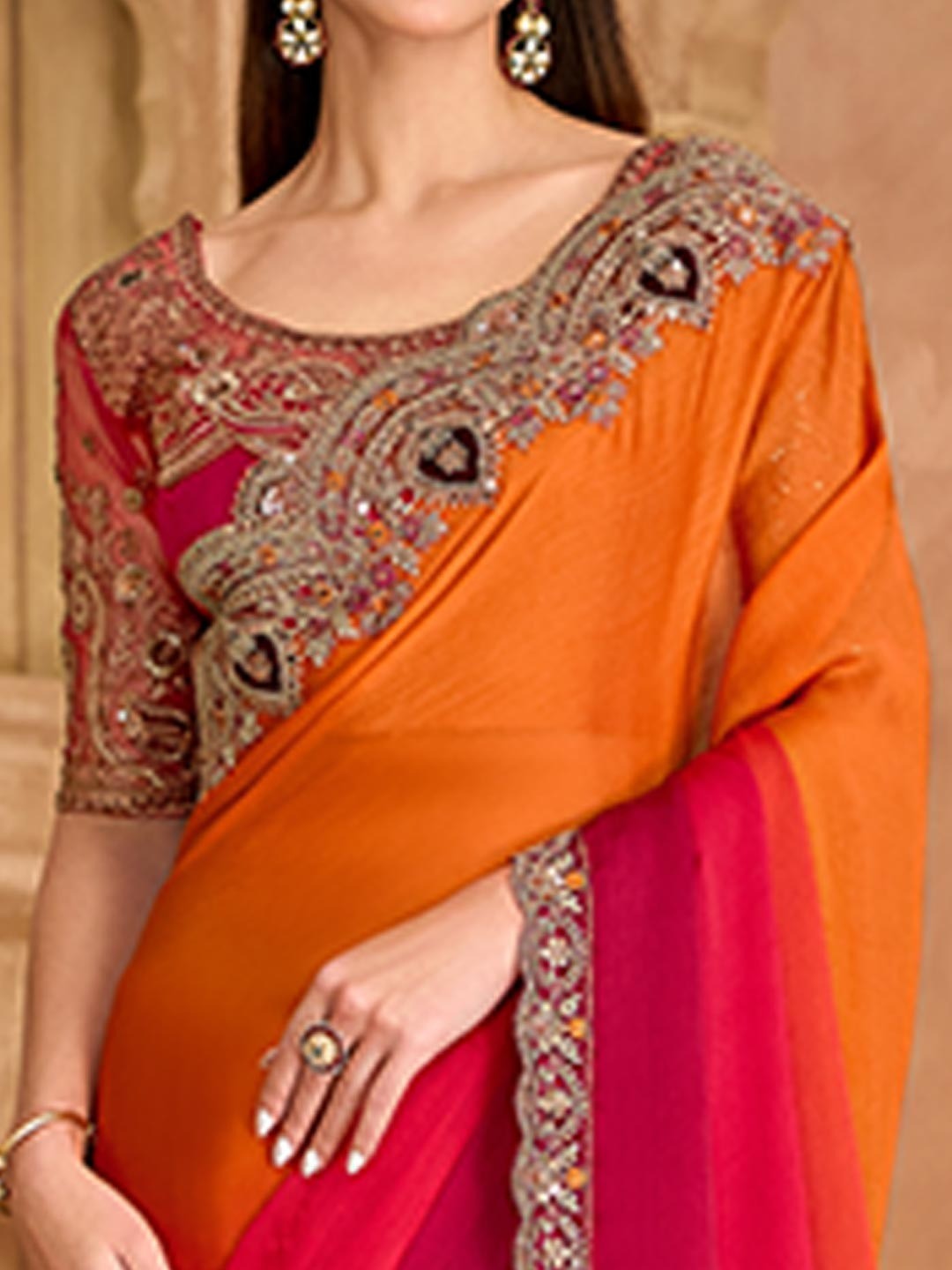 Party Perfect Orange Chiffon Saree with Shimmering Sequin and Thread Embroidery - Image 4