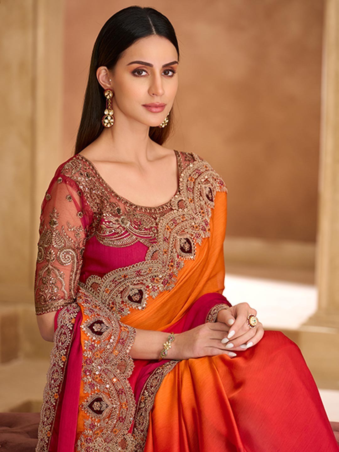 Party Perfect Orange Chiffon Saree with Shimmering Sequin and Thread Embroidery - Image 3