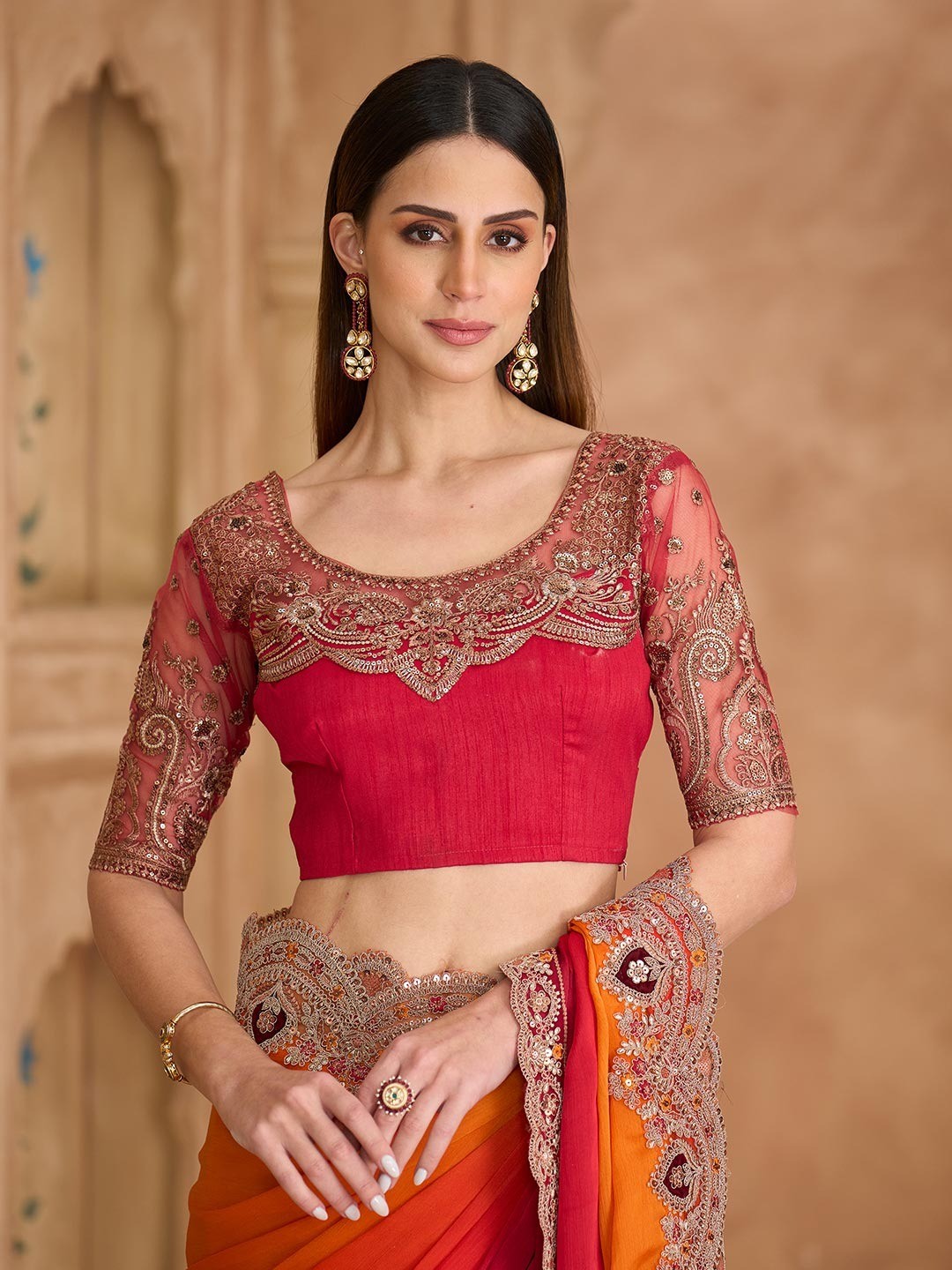 Party Perfect Orange Chiffon Saree with Shimmering Sequin and Thread Embroidery - Image 5
