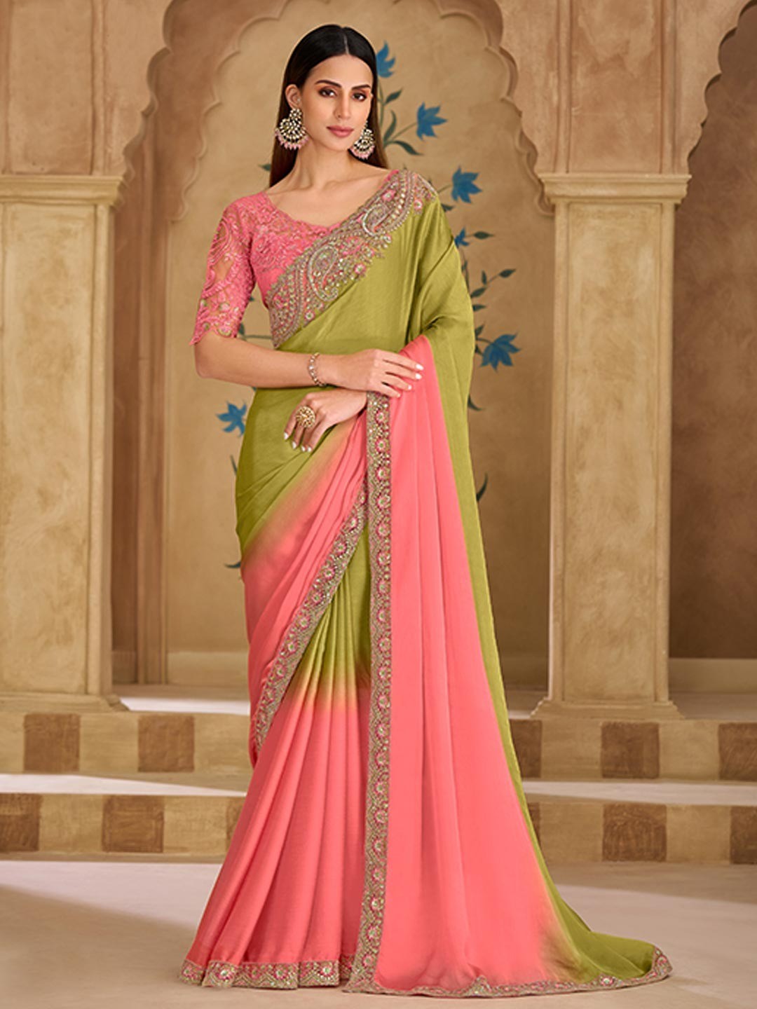 Party Perfect Pista Green Georgette Saree with Shimmering Sequin and Thread Embroidery - Image 1
