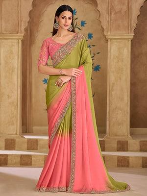 Party Perfect Pista Green Georgette Saree with Shimmering Sequin and Thread Embroidery - Image 1