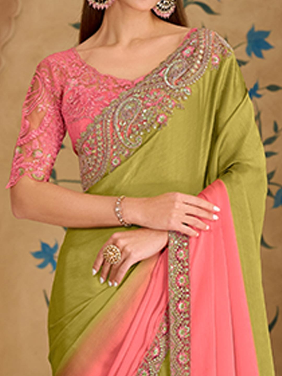 Party Perfect Pista Green Georgette Saree with Shimmering Sequin and Thread Embroidery - Image 3