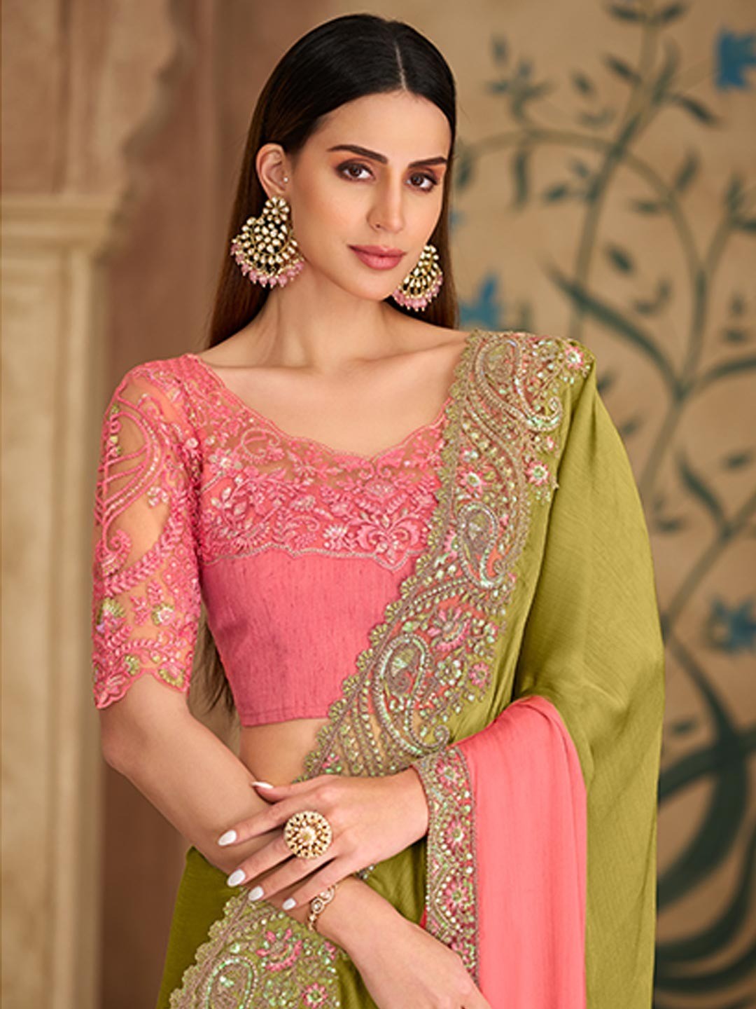 Party Perfect Pista Green Georgette Saree with Shimmering Sequin and Thread Embroidery - Image 4