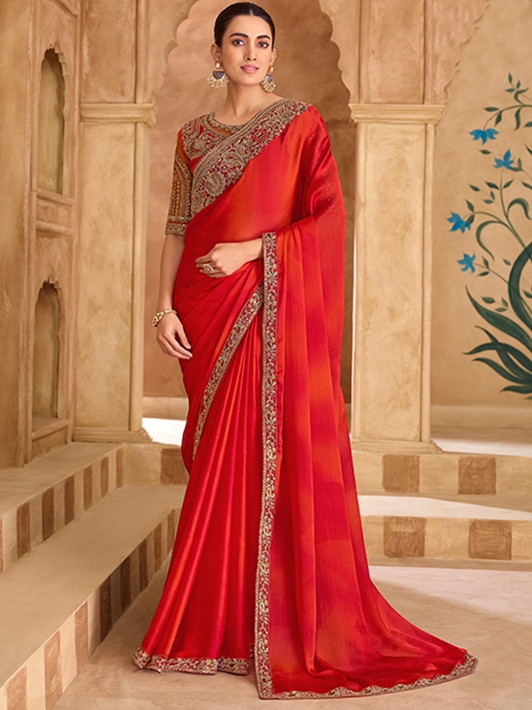 Party Perfect Red Chiffon Saree with Shimmering Sequin and Thread Embroidery - Image 1