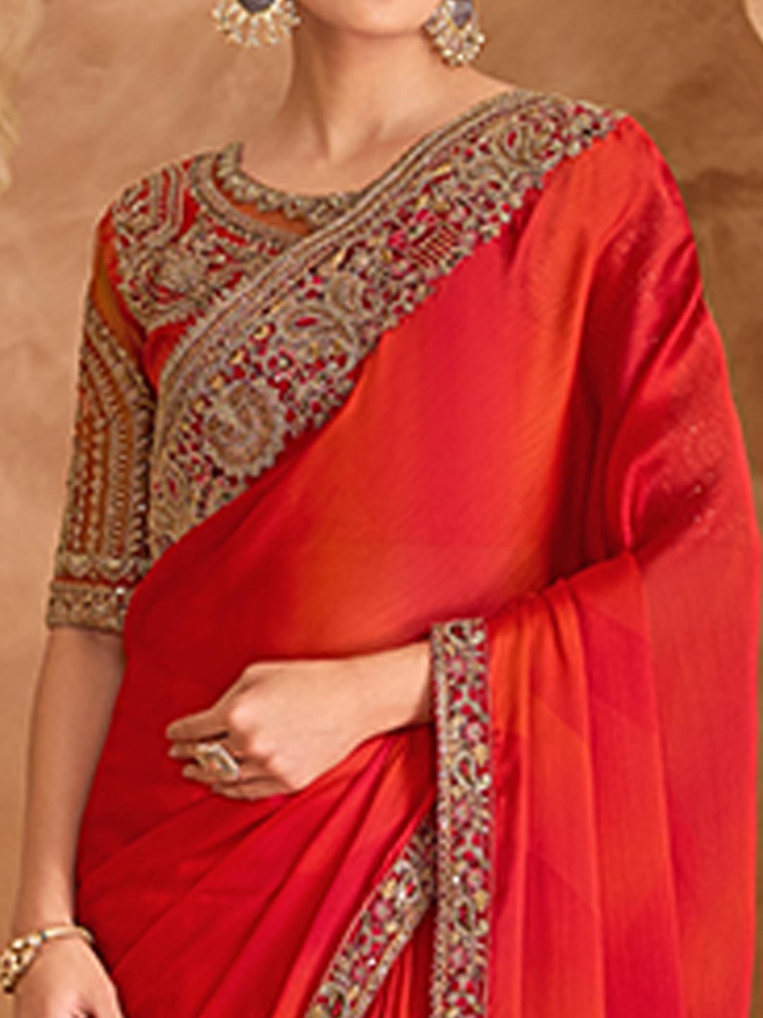 Party Perfect Red Chiffon Saree with Shimmering Sequin and Thread Embroidery - Image 5