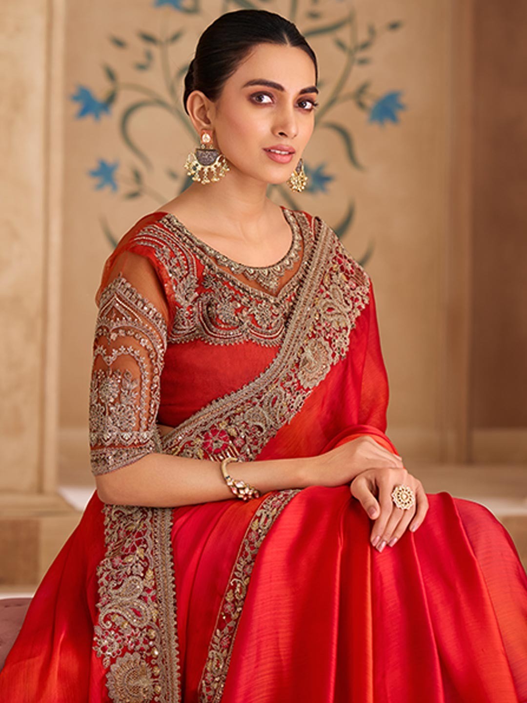 Party Perfect Red Chiffon Saree with Shimmering Sequin and Thread Embroidery - Image 3