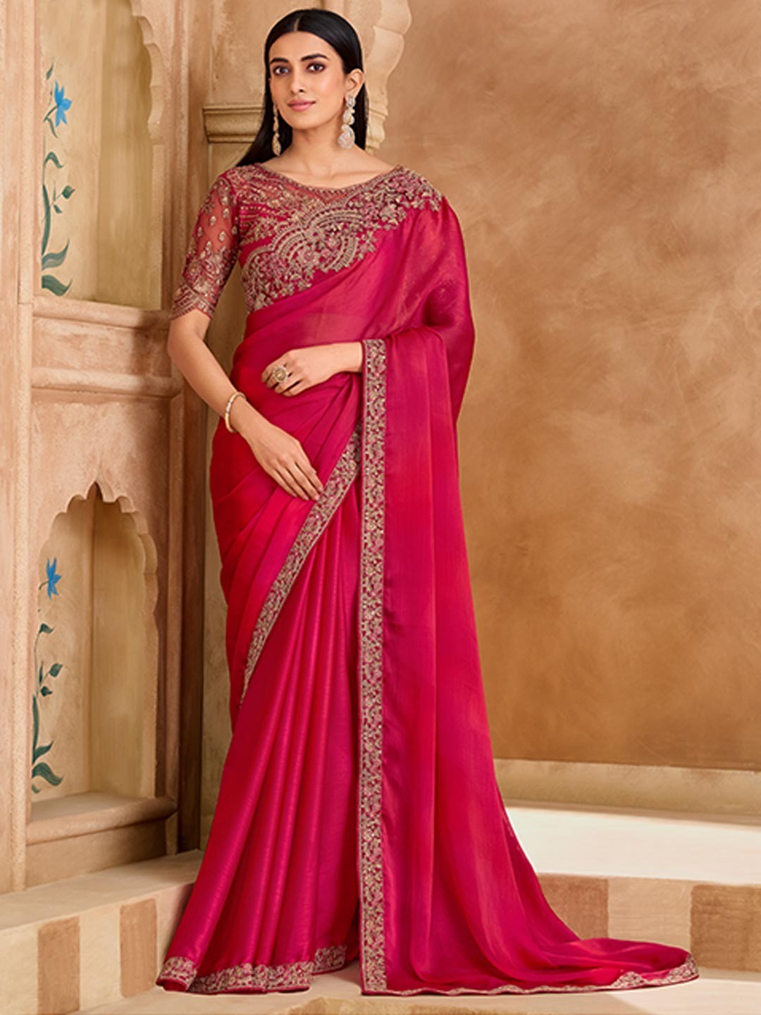 Party Perfect Deep Pink Chiffon Saree with Shimmering Sequin and Thread Embroidery - Image 1