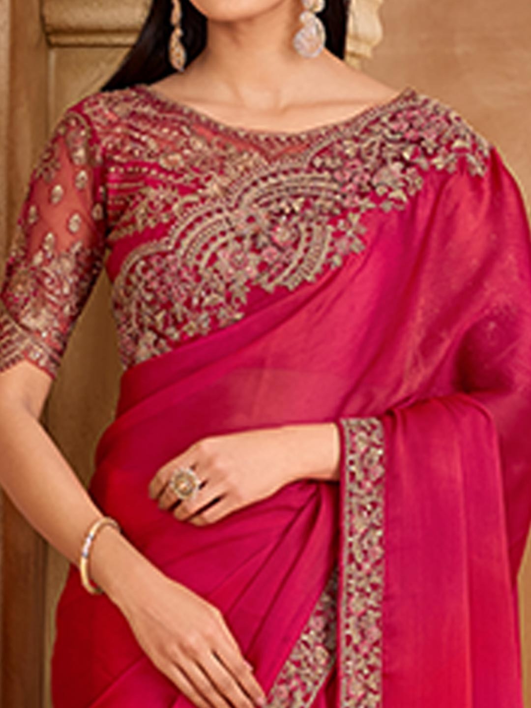 Party Perfect Deep Pink Chiffon Saree with Shimmering Sequin and Thread Embroidery - Image 2