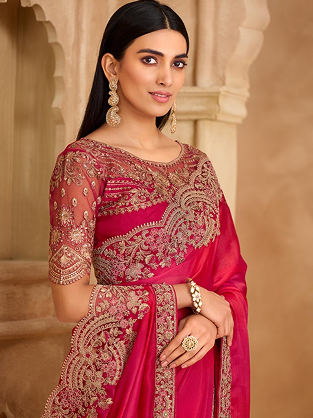Party Perfect Deep Pink Chiffon Saree with Shimmering Sequin and Thread Embroidery - Image 3