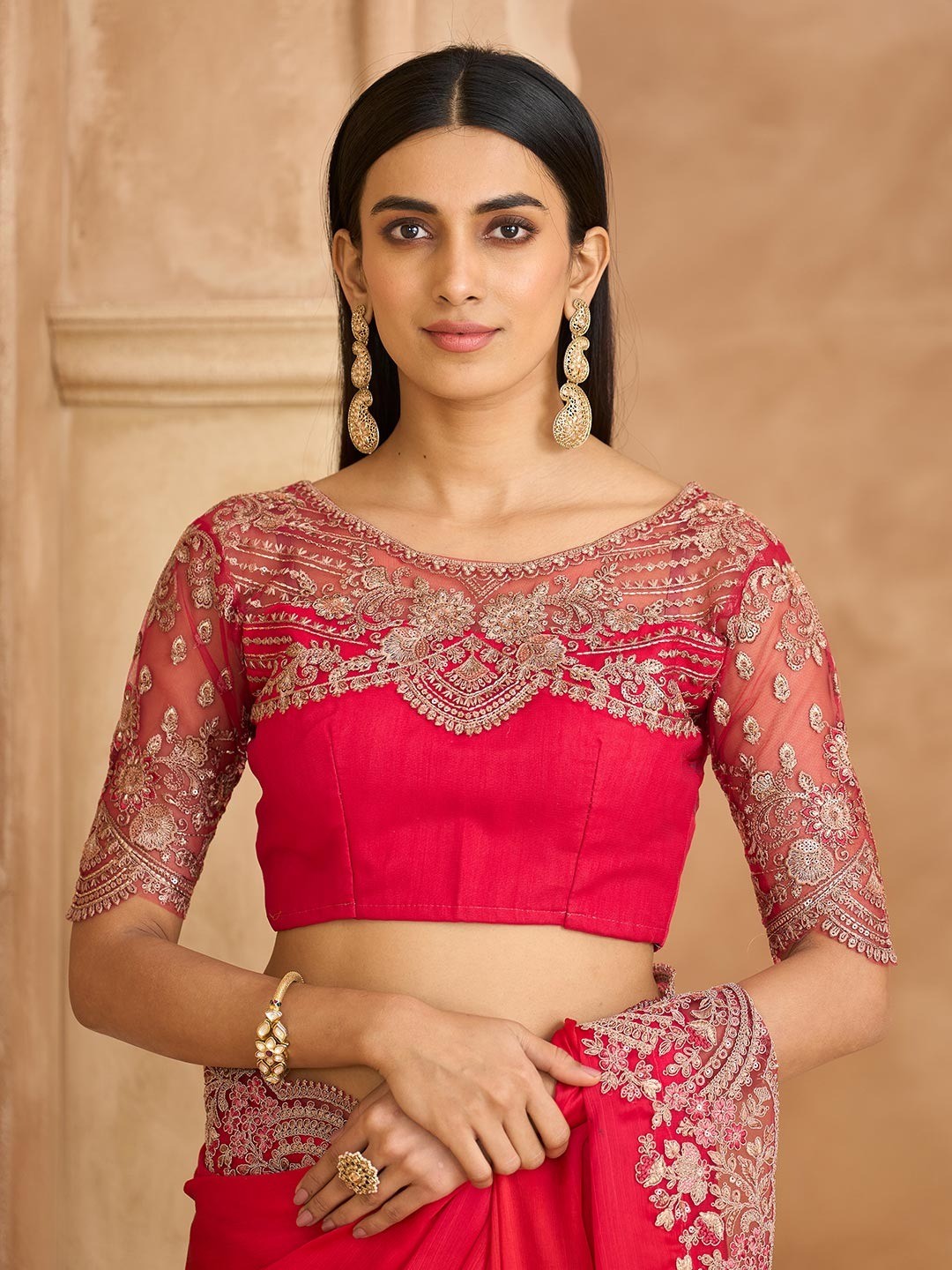 Party Perfect Deep Pink Chiffon Saree with Shimmering Sequin and Thread Embroidery - Image 3