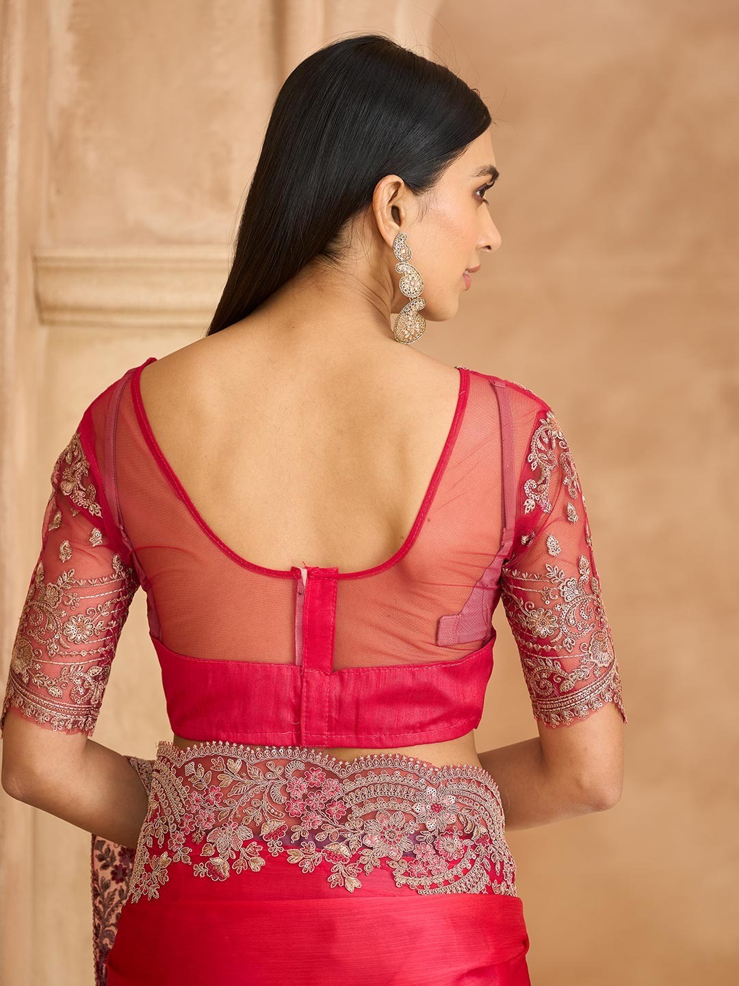 Party Perfect Deep Pink Chiffon Saree with Shimmering Sequin and Thread Embroidery - Image 4