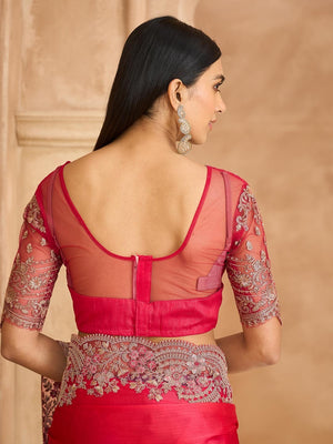 Party Perfect Deep Pink Chiffon Saree with Shimmering Sequin and Thread Embroidery - Image 2