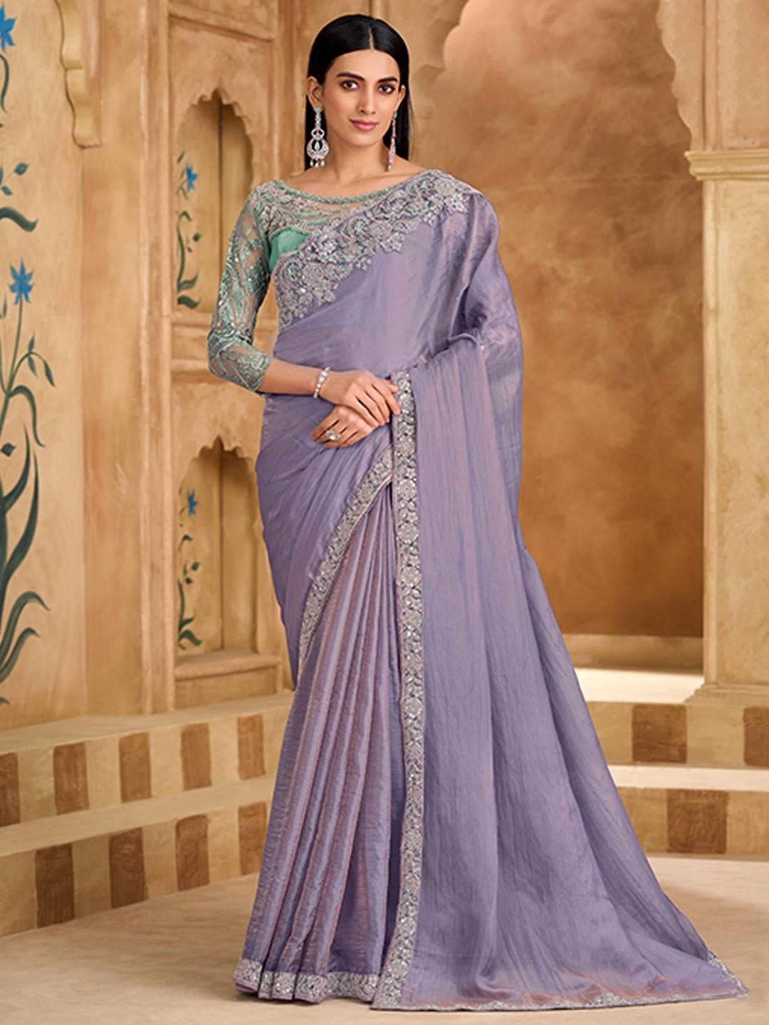 Party Perfect Lavender Chiffon Saree with Shimmering Sequin and Thread Embroidery - Image 1