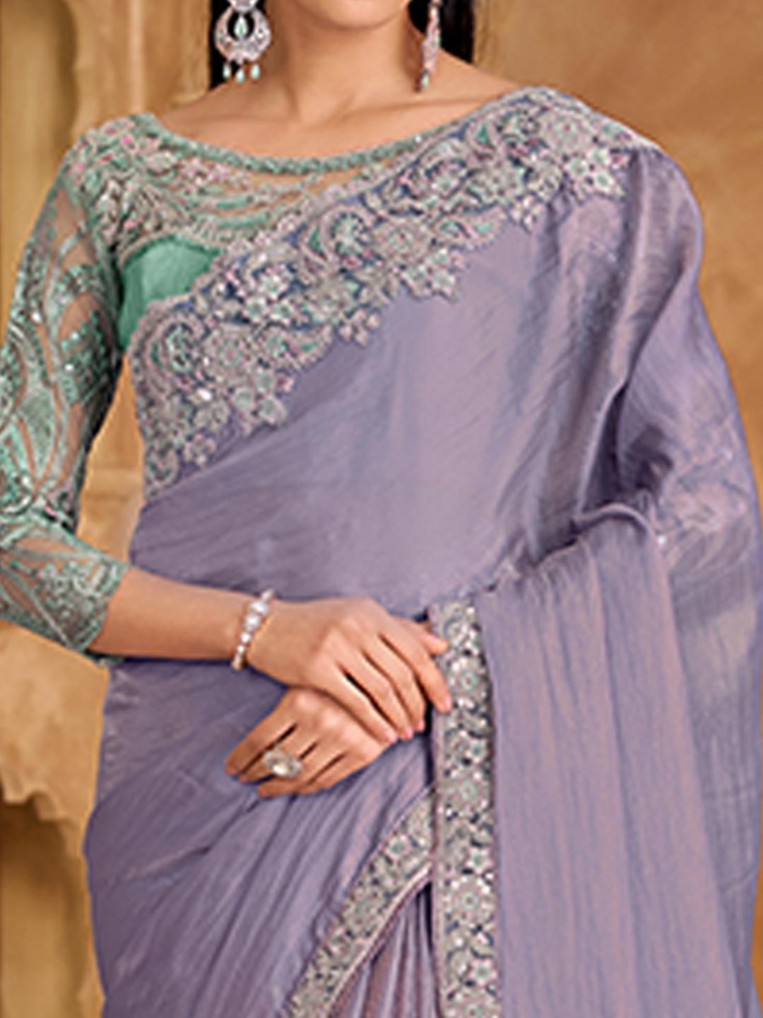 Party Perfect Lavender Chiffon Saree with Shimmering Sequin and Thread Embroidery - Image 3