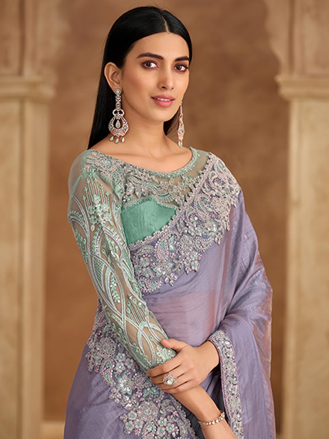 Party Perfect Lavender Chiffon Saree with Shimmering Sequin and Thread Embroidery - Image 5