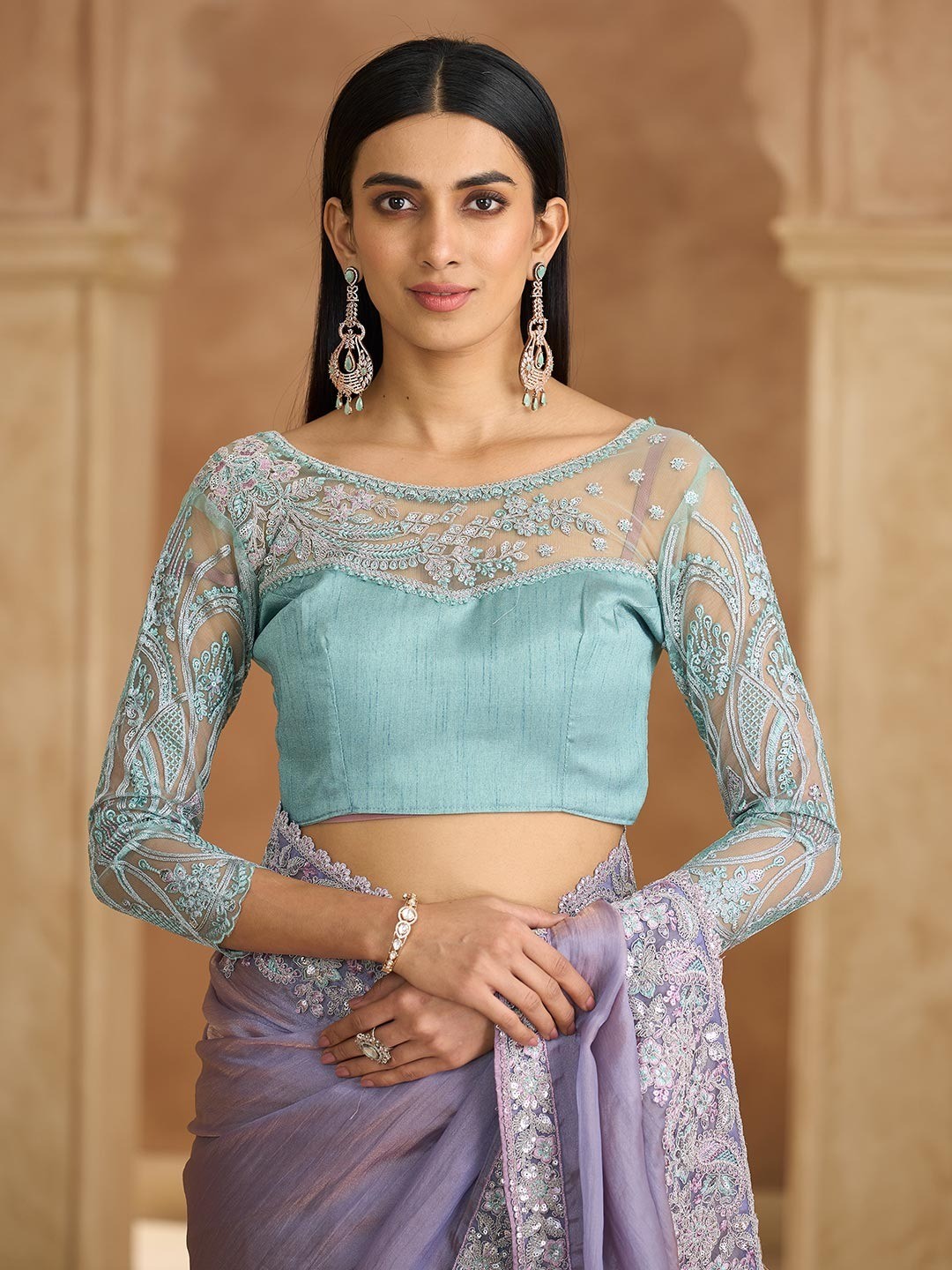 Party Perfect Lavender Chiffon Saree with Shimmering Sequin and Thread Embroidery - Image 3